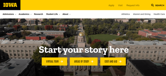 A screenshot of the Iowa homepage, one of the best college websites.